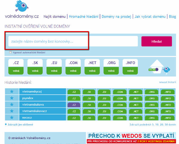 Obrázek vyhledávacího pole webu VolneDomeny.cz